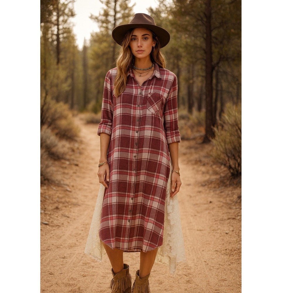 Hippie Laundry Plaid Flannel Shirt Dress with Lace Trim Boho Festival